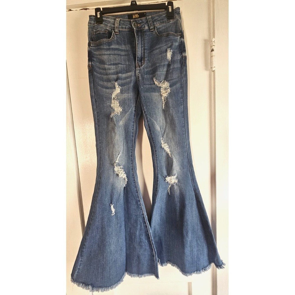 LUCKY & BLESSED L&B womens 4 high rise flare woman distressed‎ raw hem jeans